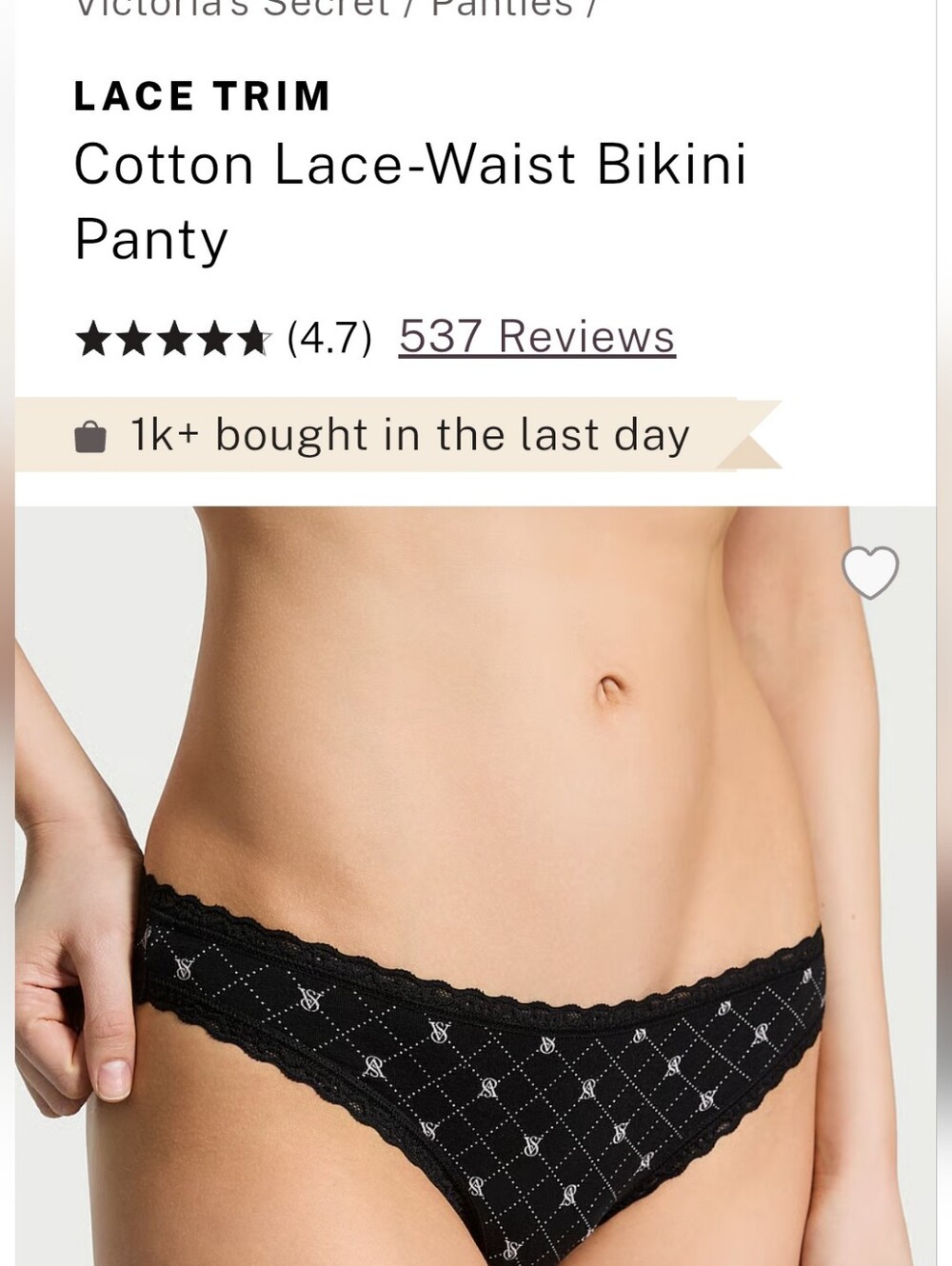Victoria's Secret Lace Trim Cotton Lace Waist Bikini Panty NEW LARGE
